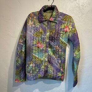 Vintage Ubu Size Medium Quilted Jacket Floral Purple Green Tropical Cottage
